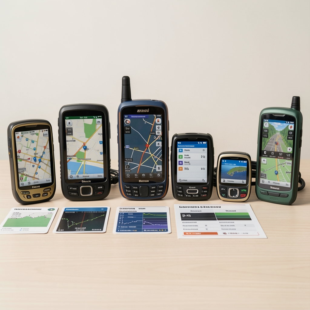 Çeşitli GPS navigasyon cihazları yan yana, teknik özellik kartları ve karşılaştırma düzeneği