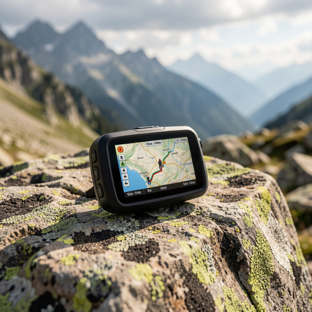 Dağlık arazide kaya yüzeyine yerleştirilmiş kompakt GPS navigasyon cihazı, trekking rotası haritası ekranda görünür