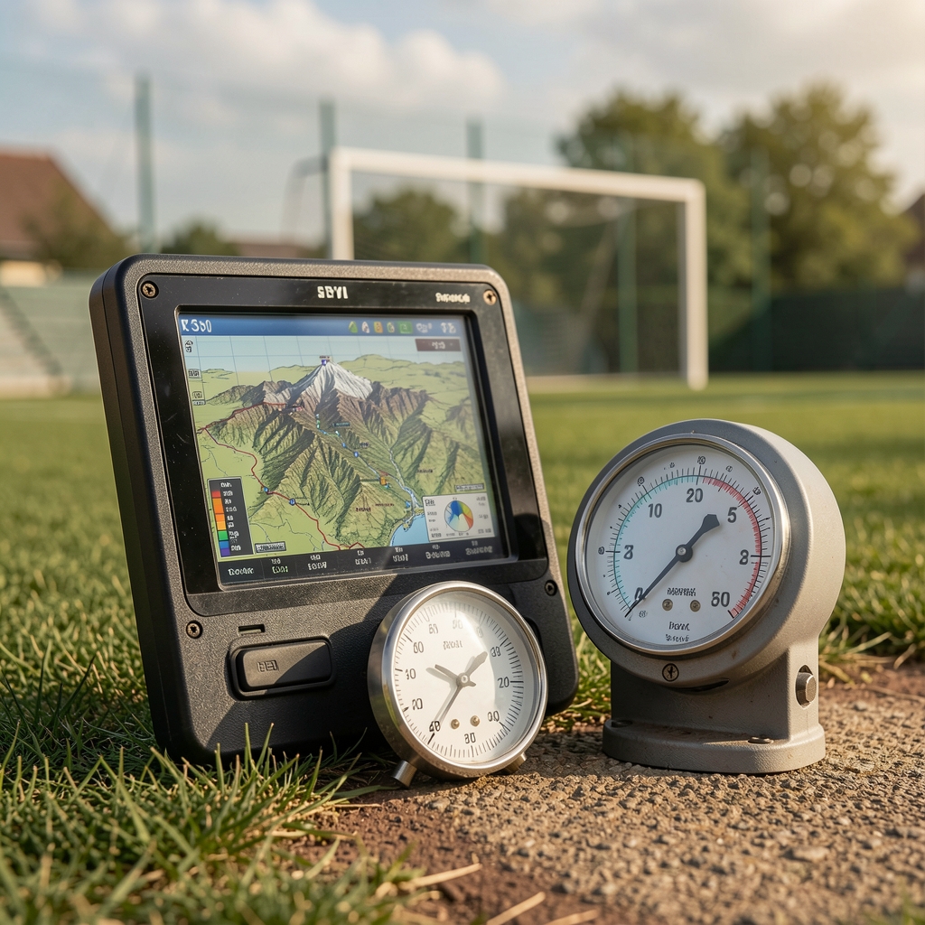 Kaya zeminine bırakılmış outdoor spor saati, barometre ve topografya ekranı görünür