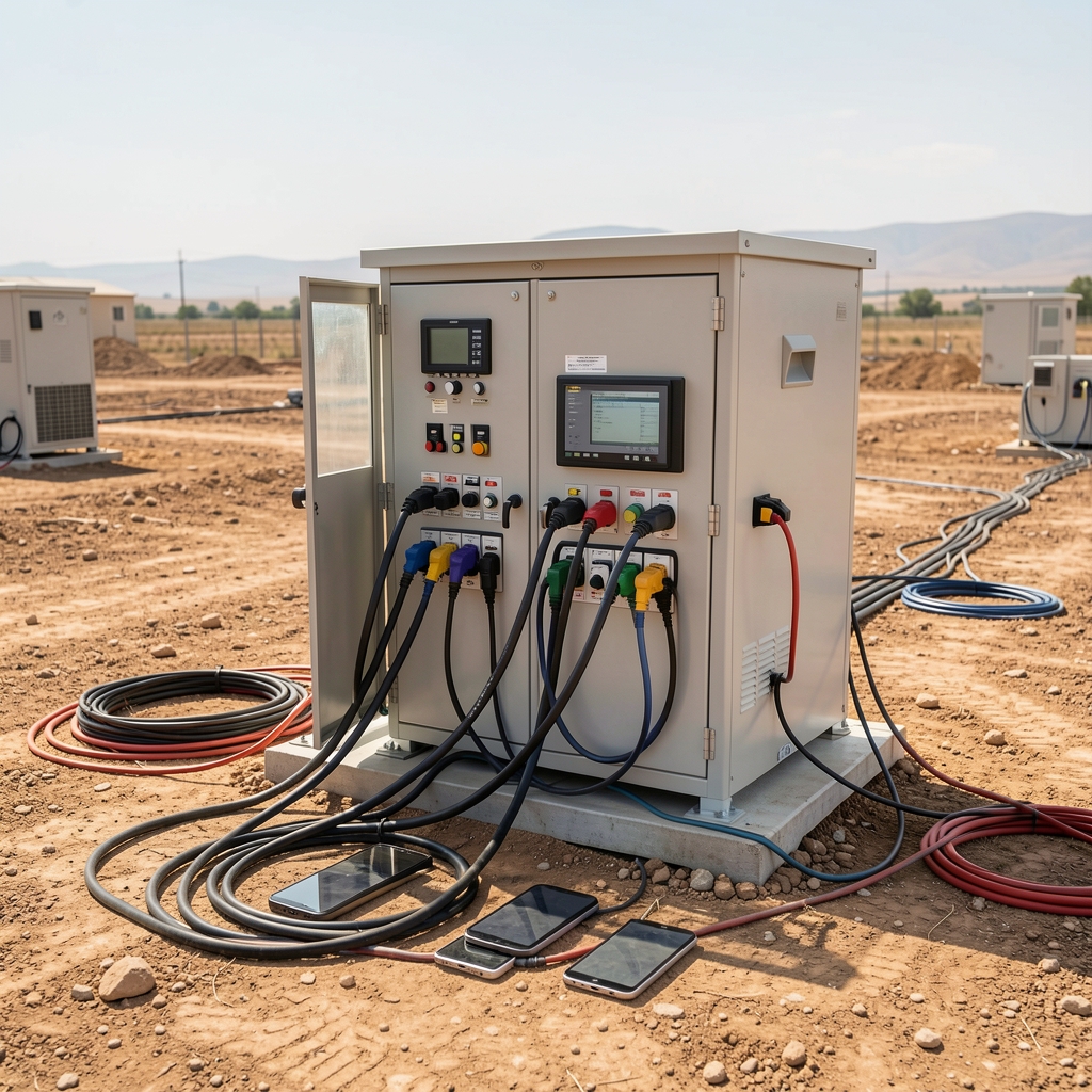 Kamp masasında açık havada taşınabilir enerji istasyonu, çoklu şarj kablolarıyla bağlı elektronik cihazlar