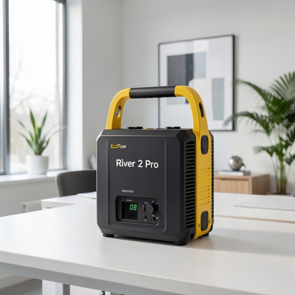 EcoFlow River 2 Pro kompakt enerji istasyonu, sarı aksanlar ve taşıma sapı