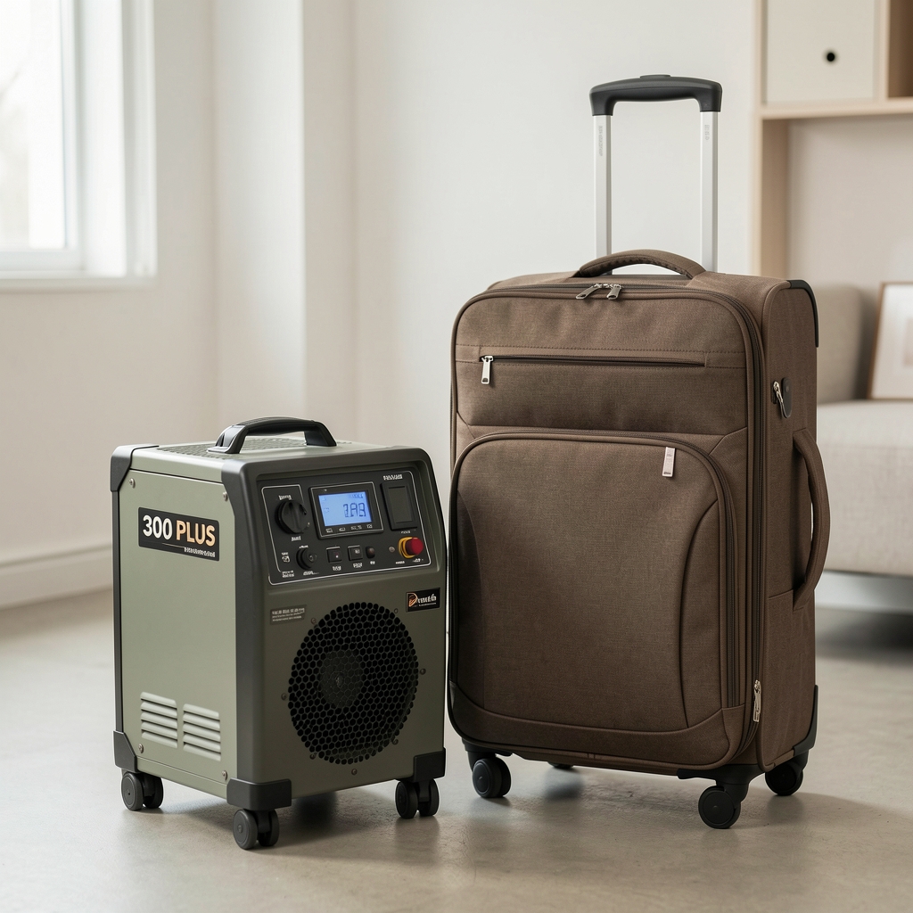 Jackery Explorer 300 Plus küçük taşınabilir enerji ünitesi, seyahat çantasının yanında konumlandırılmış