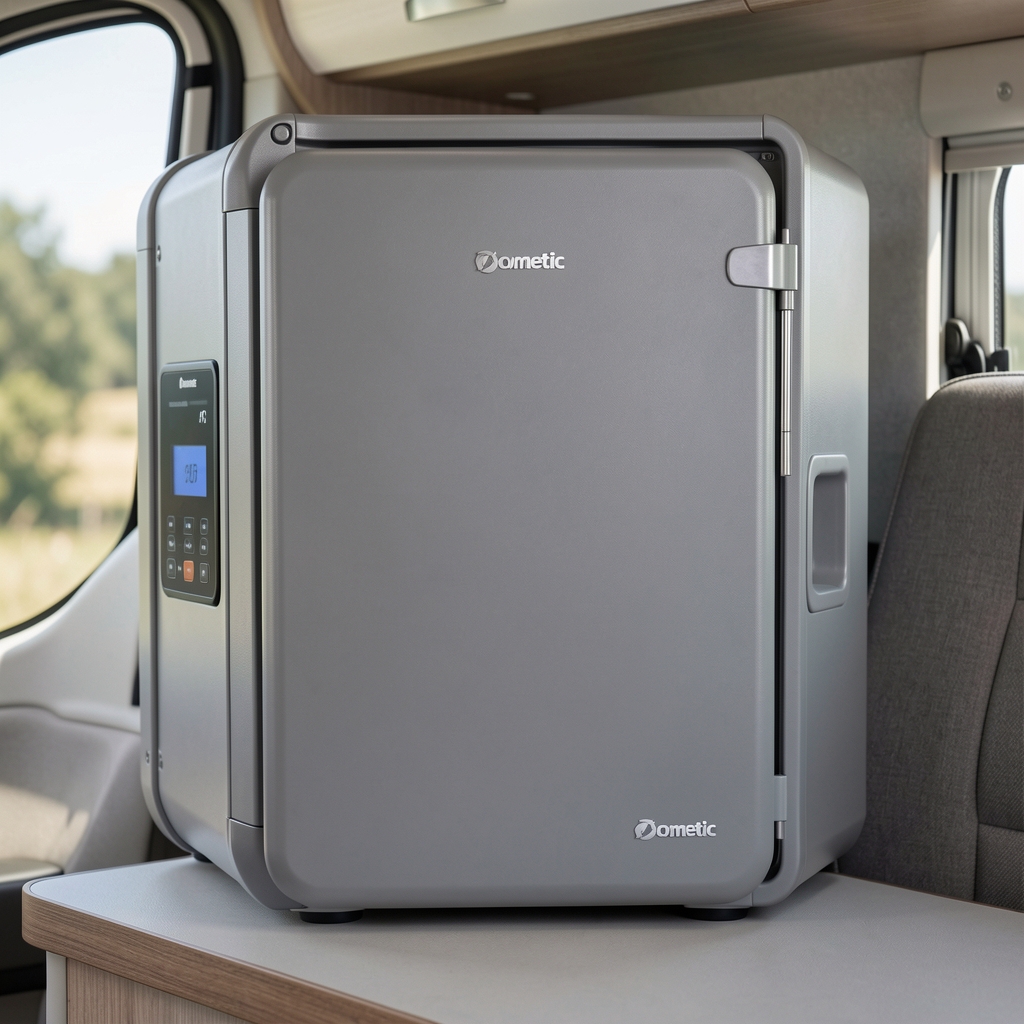 Dometic CFX3-55 kompresörlü araç buzdolabı, gri kasa ve dijital kontrol paneli