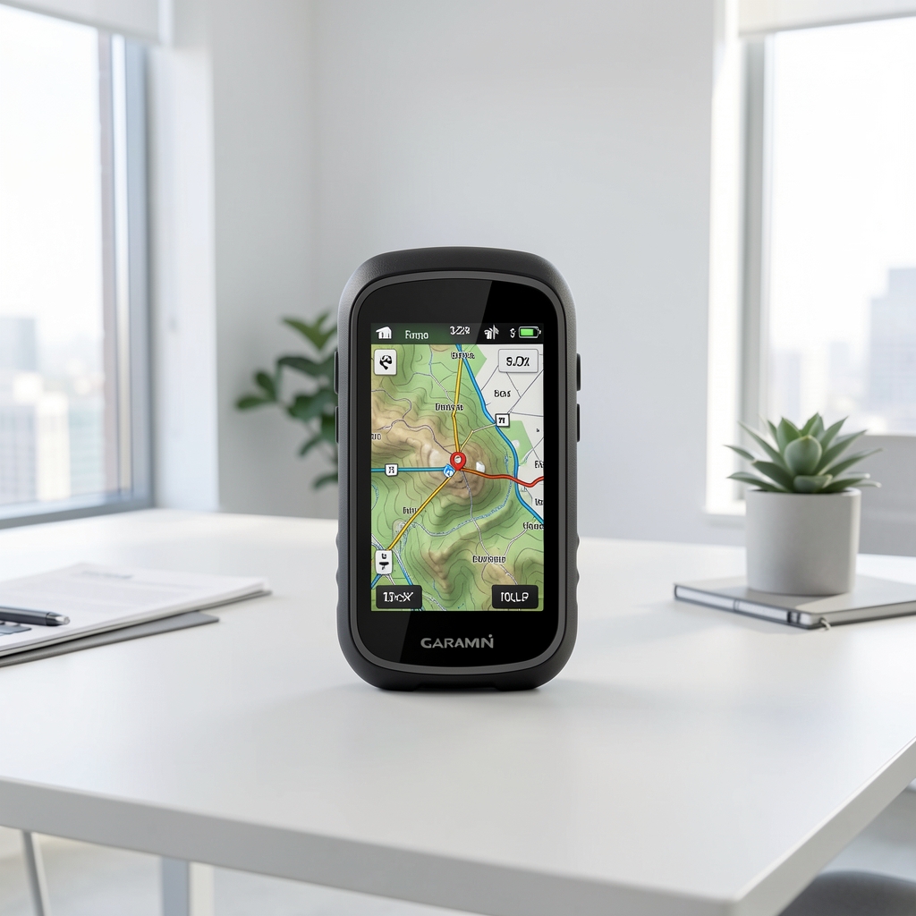 Garmin eTrex 32x el tipi GPS navigasyon cihazı, topoğrafik harita ekranı görünür