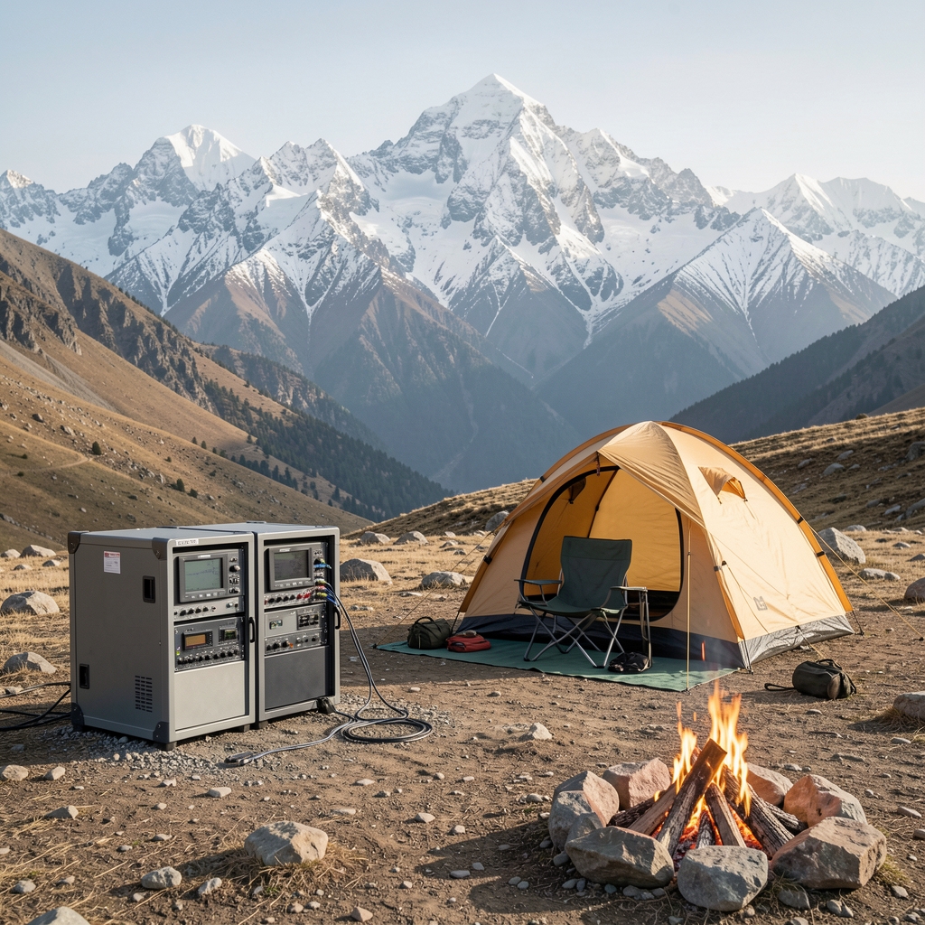 Dağlık arazide yerleştirilmiş outdoor elektronik ekipmanları ve kamp düzeneği, arka planda karlı dağ silsilesi