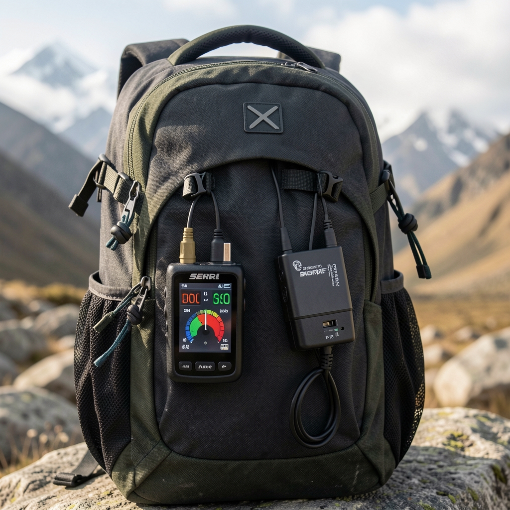 Goal Zero Sherpa 100 AC Power Bank, kamp çantasına asılı şarj adaptörleri ve güç göstergeli ekran