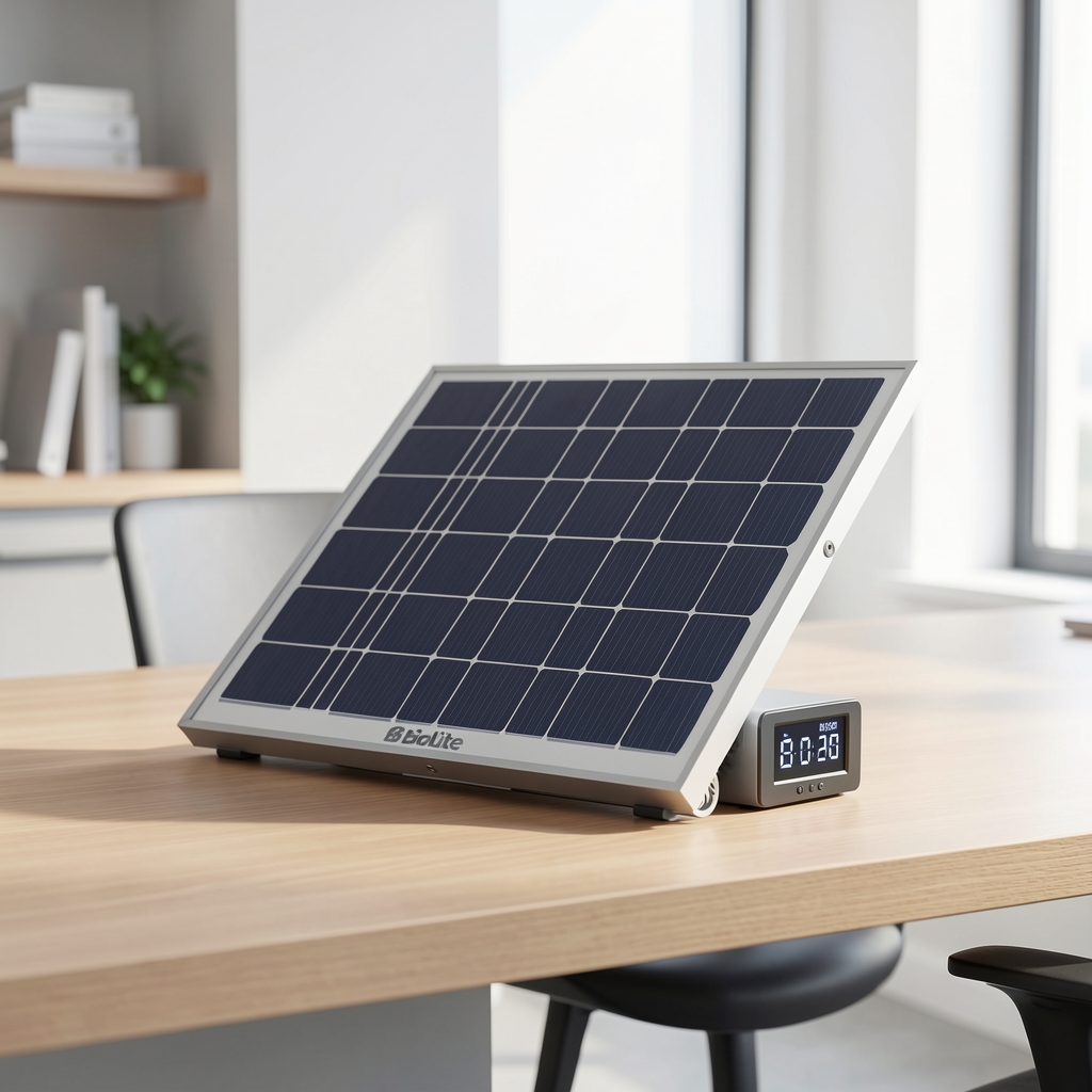 BioLite SolarPanel 20 güneş paneli, entegre pil ve digital göstergesi ile masa üstüne yerleştirilmiş